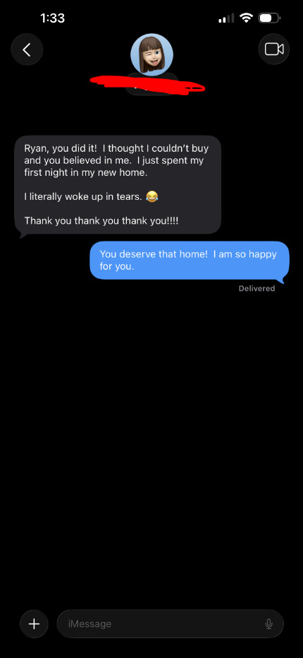 Client text - first night in new home, woke up in tears