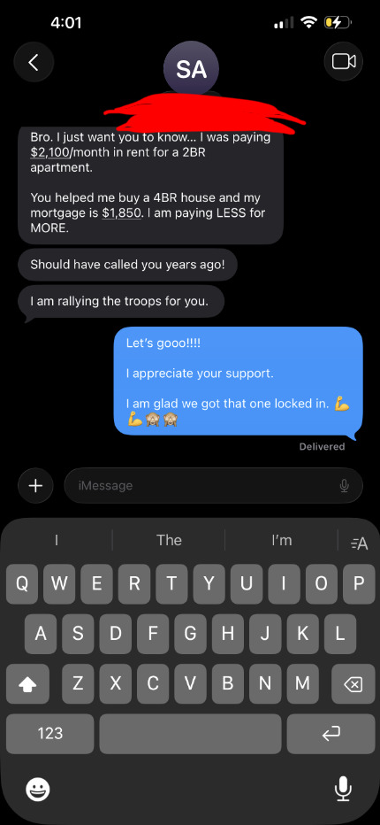 Client text - paying less for 4BR house than 2BR apartment